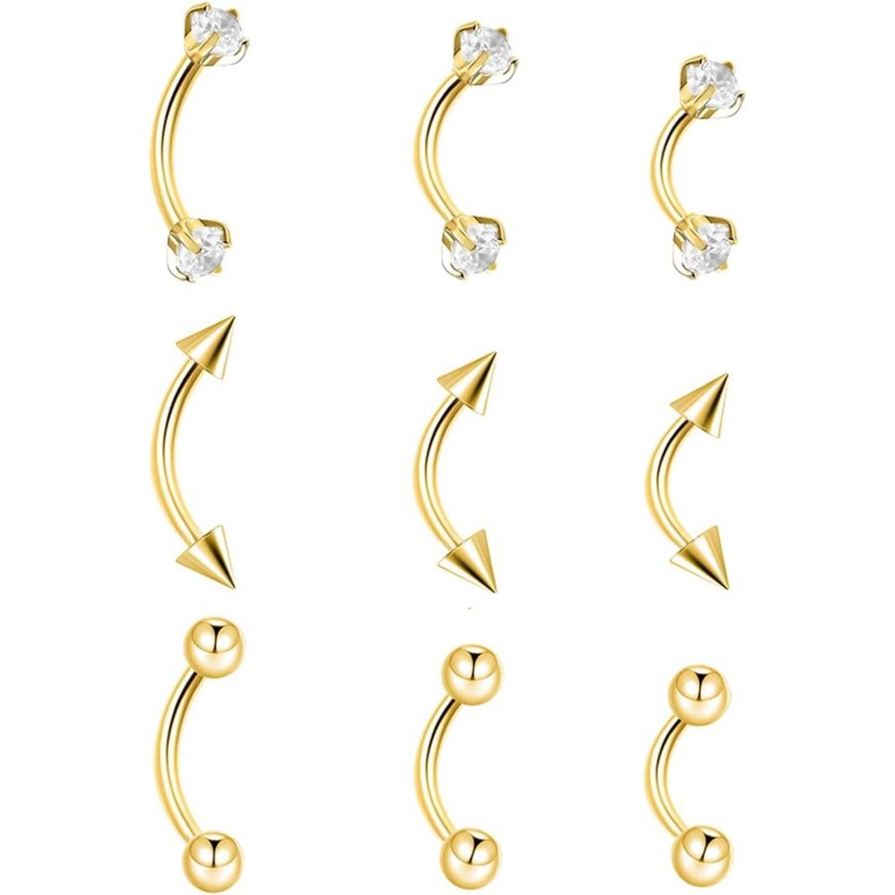 9PCS Gold Eyebrow Piercing Jewelry Titanium, Rook Jewelry Gold Surgical Steel Si